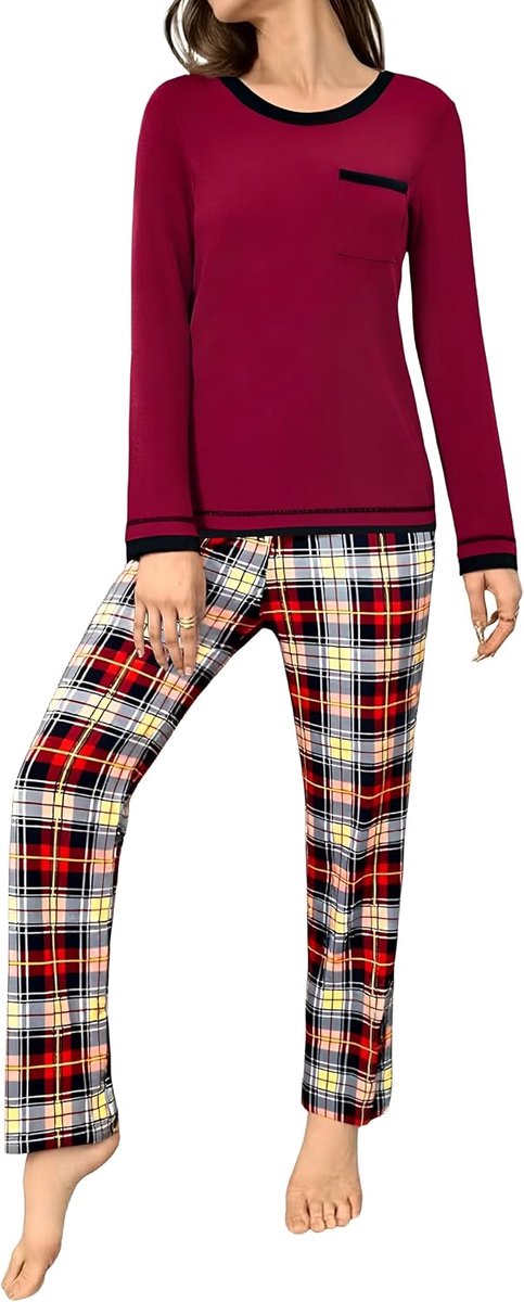 Dames Pyjama Katoen Lange Mouw Pjs Set Dames Winter Nachtkleding Comfortabele Nachtkleding Loungewear Pyjama, Rood+Zwart, L