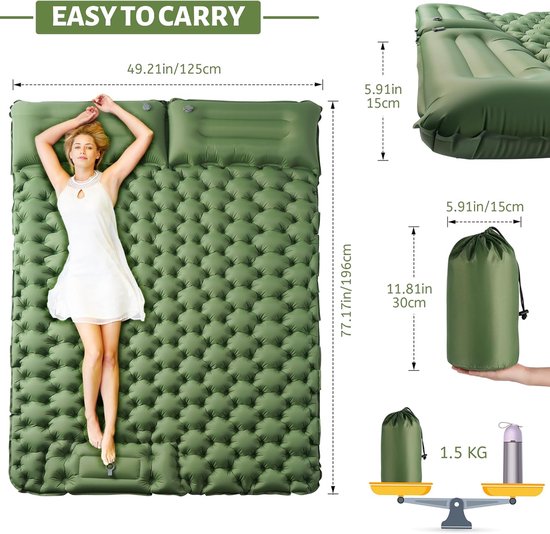 Zelfopblazende slaapmat voor 2 personen, geavanceerde en verdikte campingmatras, luchtpedaal-luchtmatras, ultralicht, draagbaar, ultralicht, geschikt voor kamperen, strand, wandelen — afbeelding 3