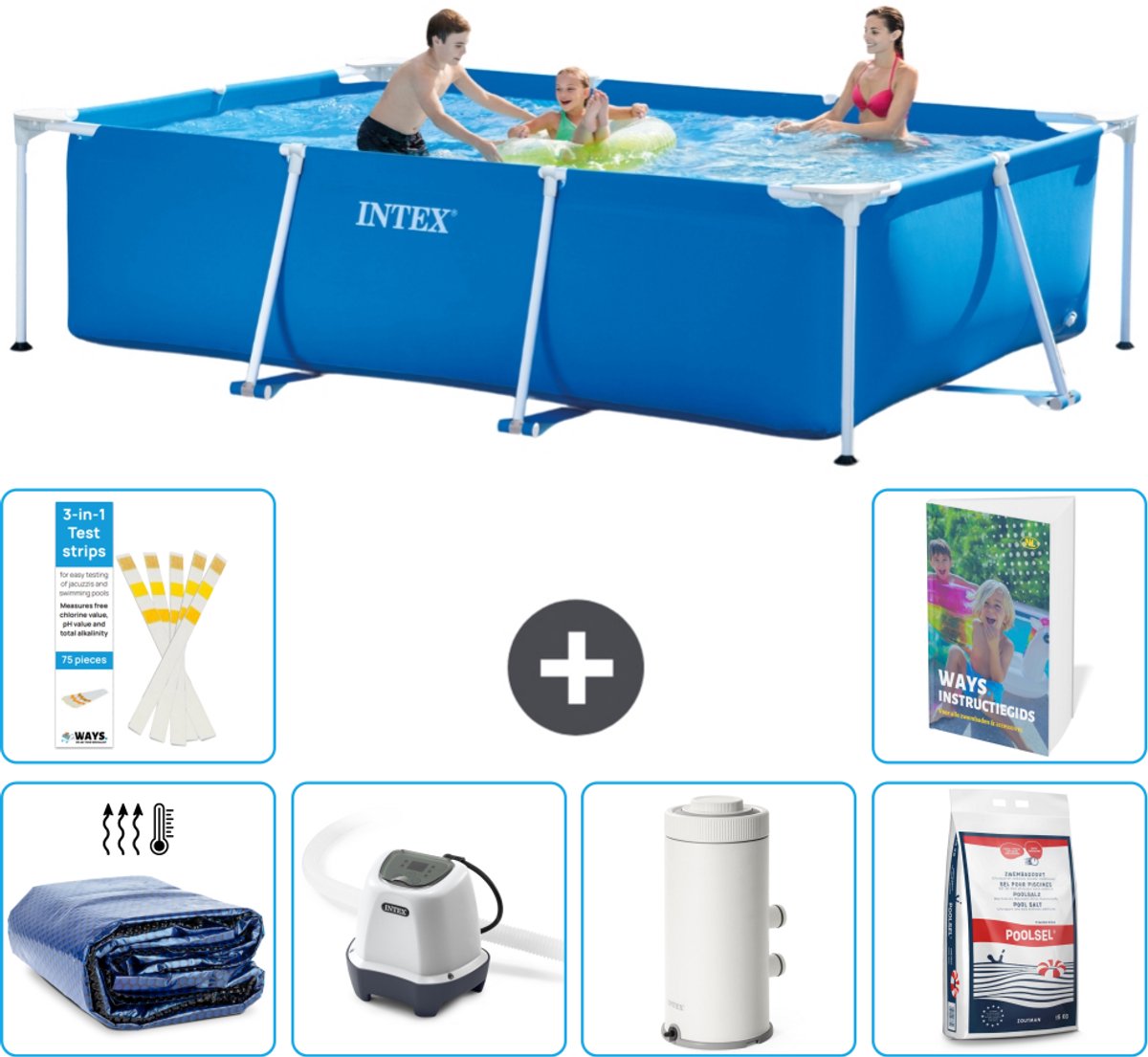 Intex Rechthoekig Frame Zwembad - 300 x 200 x 75 cm - Blauw - Inclusief Solarzeil - Zoutwatersysteem - Zwembadfilterpomp - Zwembadzout - 7-delig