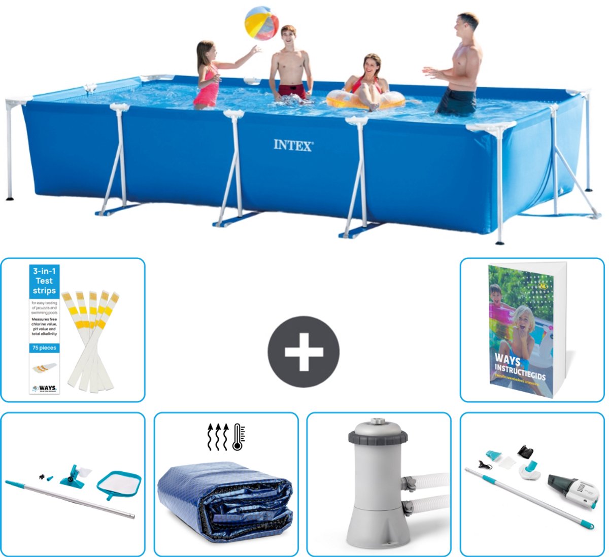 Intex Rechthoekig Frame Zwembad - 450 x 220 x 84 cm - Blauw - Inclusief Schoonmaakset - Solarzeil - Zwembadfilterpomp - Stofzuiger - 7-delig