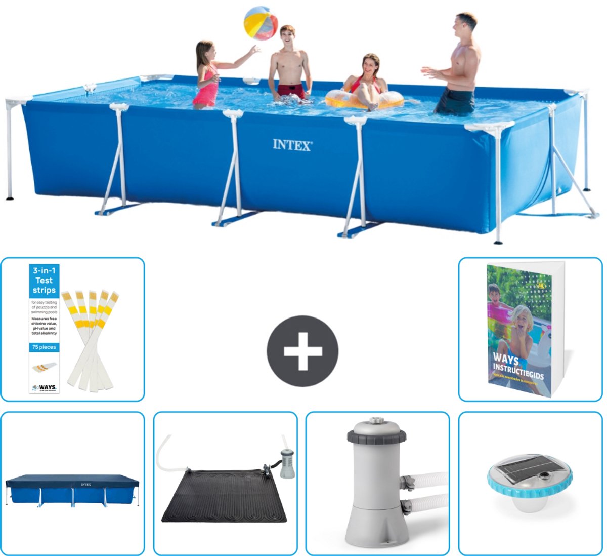Intex Rechthoekig Frame Zwembad - 450 x 220 x 84 cm - Blauw - Inclusief Afdekzeil - Solar Mat - Zwembadfilterpomp - Verlichting - 7-delig