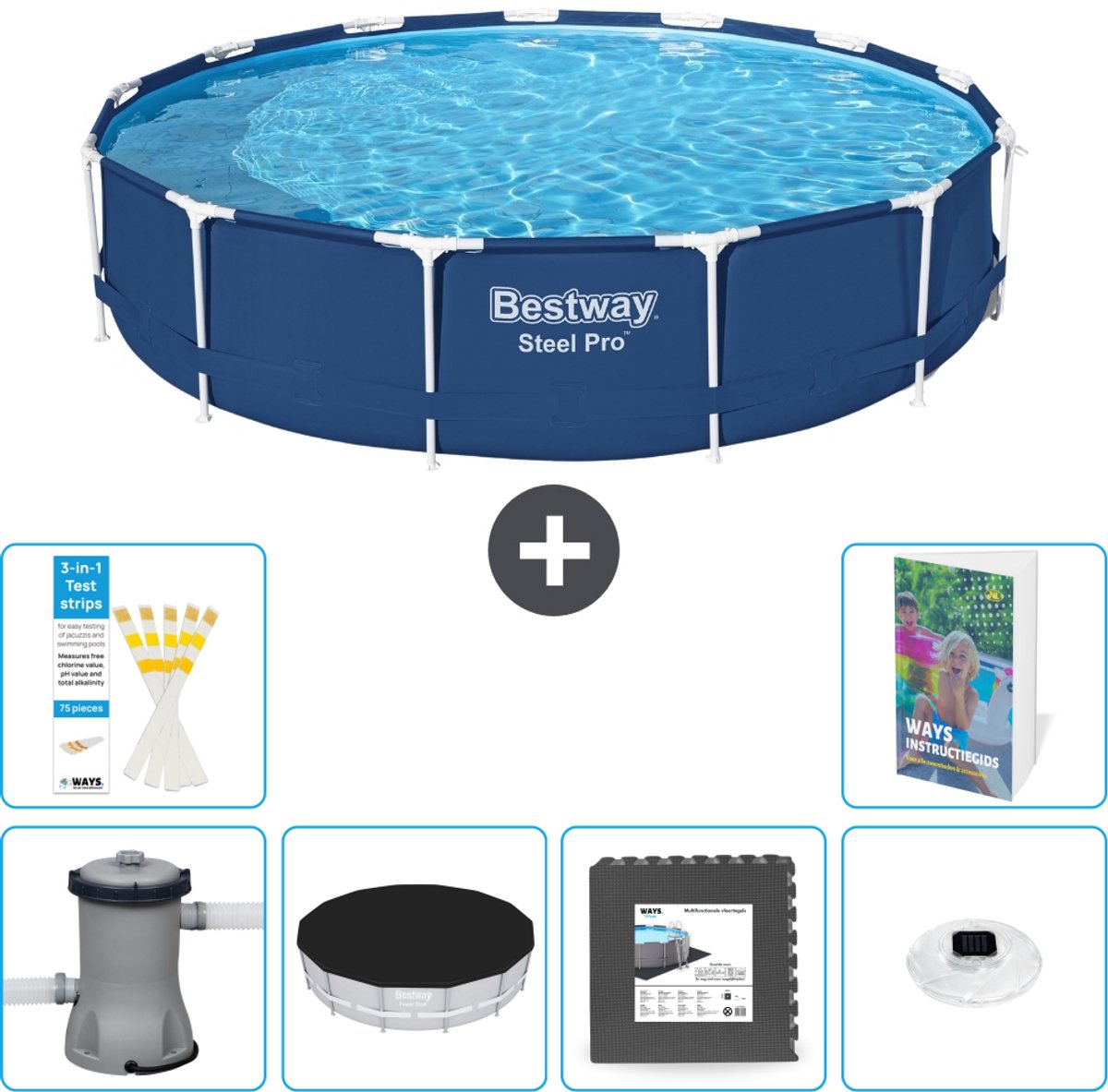 Bestway Rond Steel Pro Zwembad - 396 x 84 cm - Blauw - Inclusief Pomp - Afdekzeil - Vloertegels - Verlichting - 7-delig