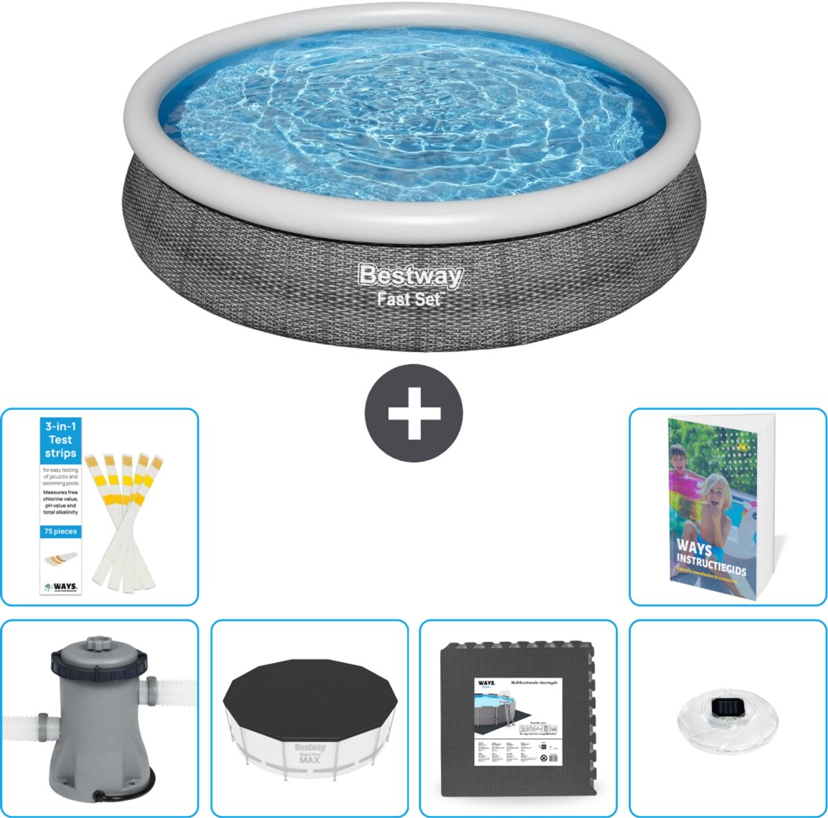 Bestway Rond Opblaasbaar Fast Set Zwembad - Rotanprint - 366 x 76 cm - Inclusief Pomp - Afdekzeil - Vloertegels - Verlichting - 7-delig