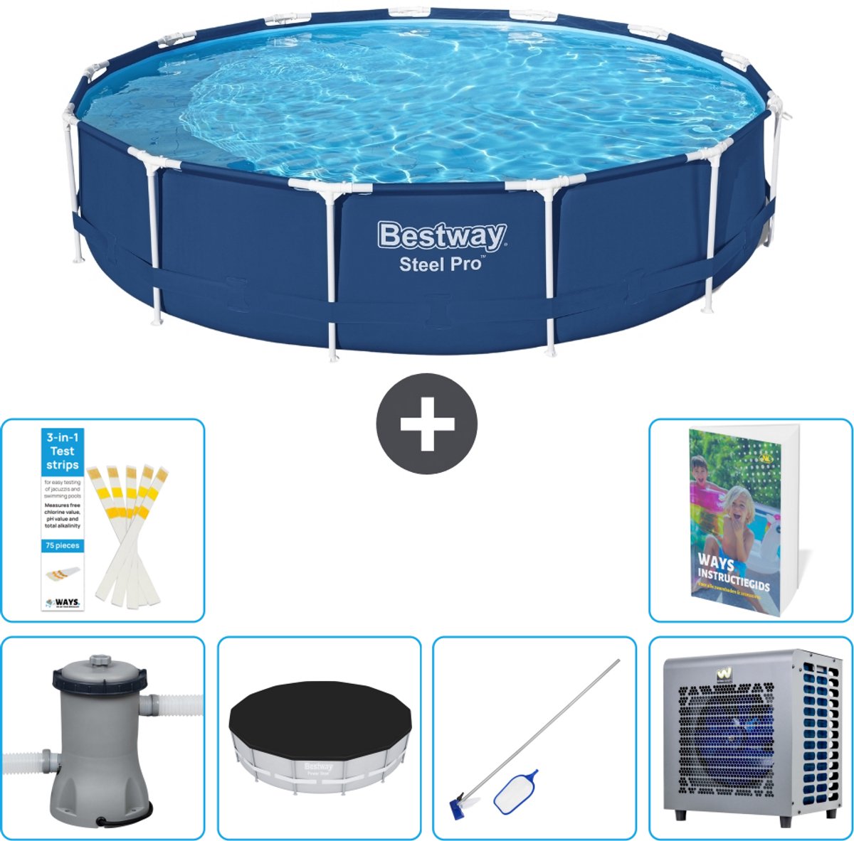 Bestway Rond Steel Pro Zwembad - 396 x 84 cm - Blauw - Inclusief Pomp - Afdekzeil - Schoonmaakset - Warmtepomp - 7-delig