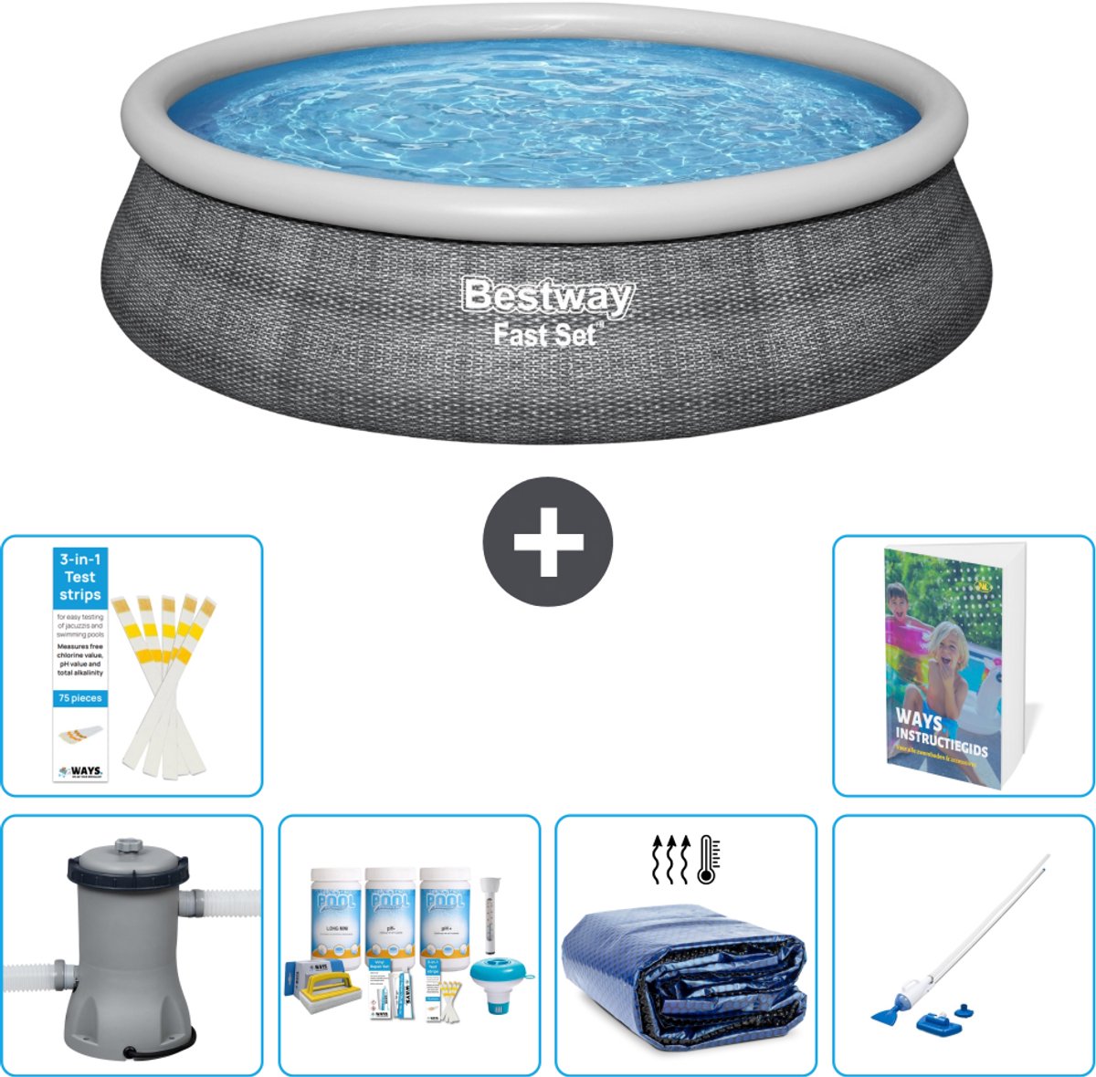 Bestway Rond Opblaasbaar Fast Set Zwembad - Rotanprint - 457 x 84 cm - Inclusief Pomp - Onderhoudspakket - Solarzeil - Stofzuiger - 7-delig