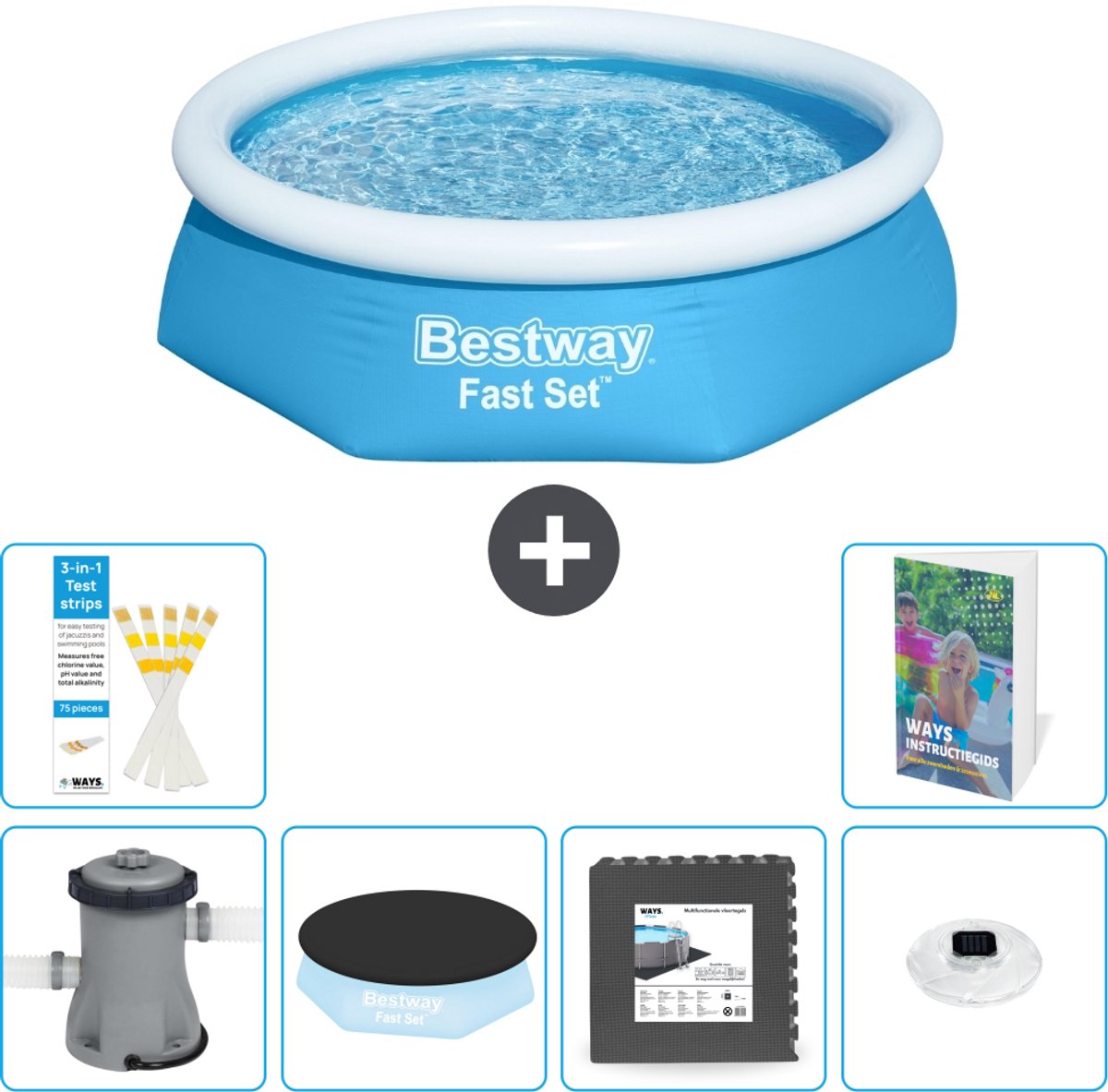 Bestway Rond Opblaasbaar Fast Set Zwembad - 244 x 61 cm - Blauw - Inclusief Pomp - Afdekzeil - Vloertegels - Verlichting - 7-delig