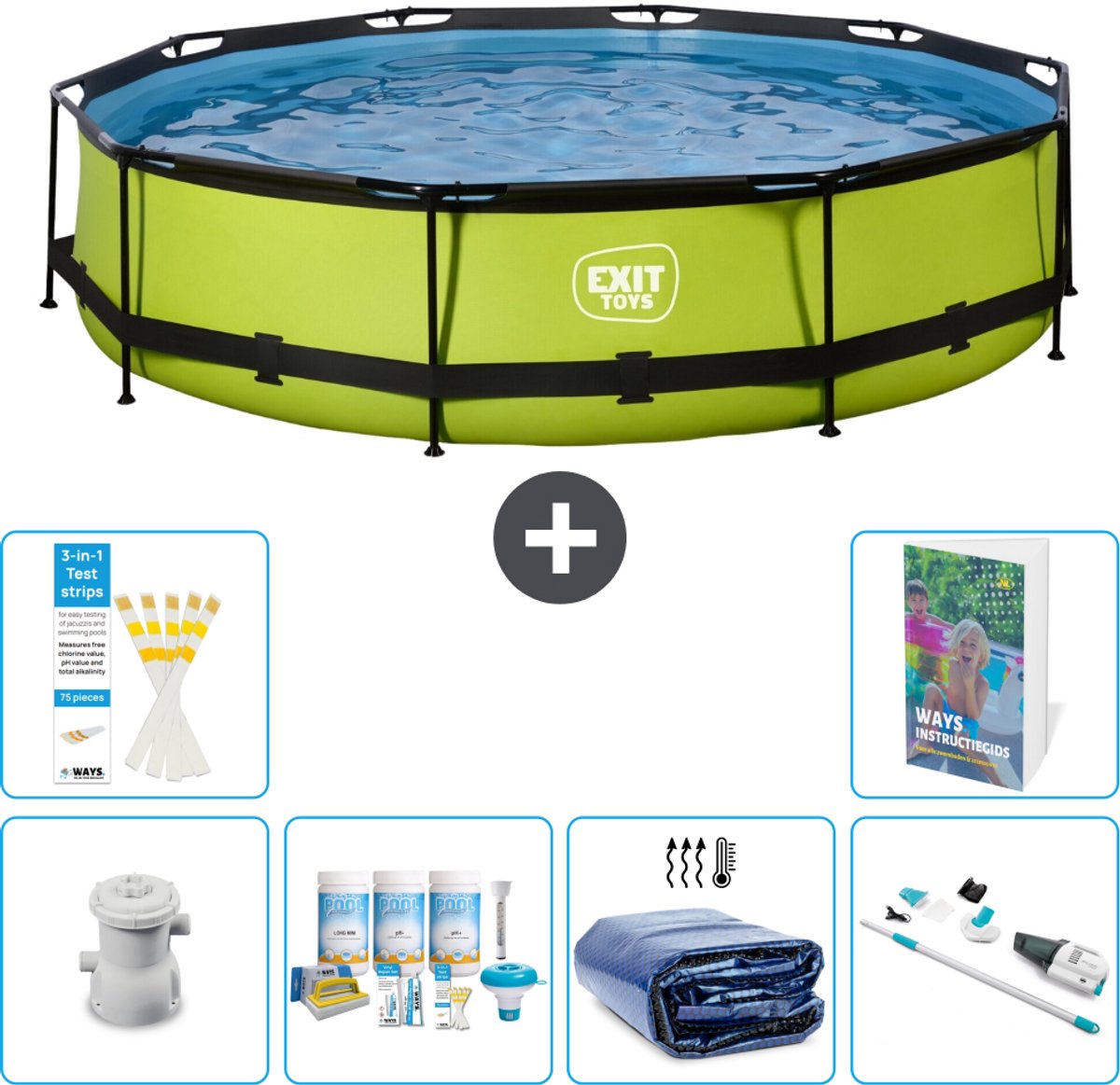 EXIT Rond Lime Frame Zwembad - 360 x 76 cm - Inclusief Pomp - Onderhoudspakket - Solarzeil - Stofzuiger - 7-delig