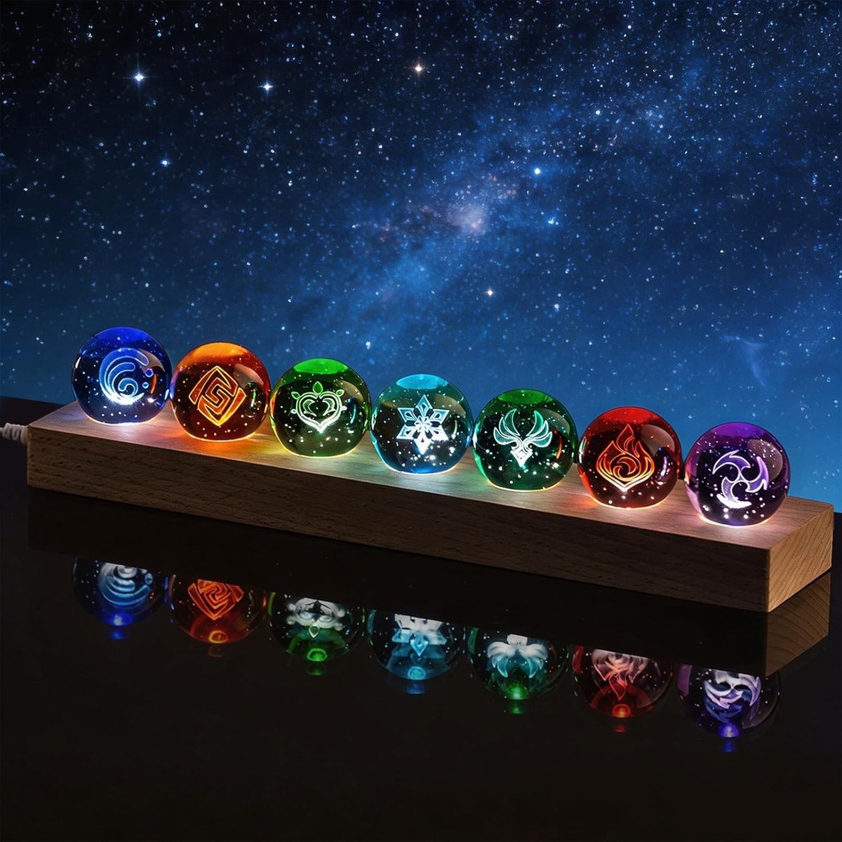 Set van 7 stuks 3D kristallen bollen met LED-nachtlampje, USB, glazen bol met houten sokkel, Anime merchandise, cadeau voor gamers en fans van Gen-shin Impact