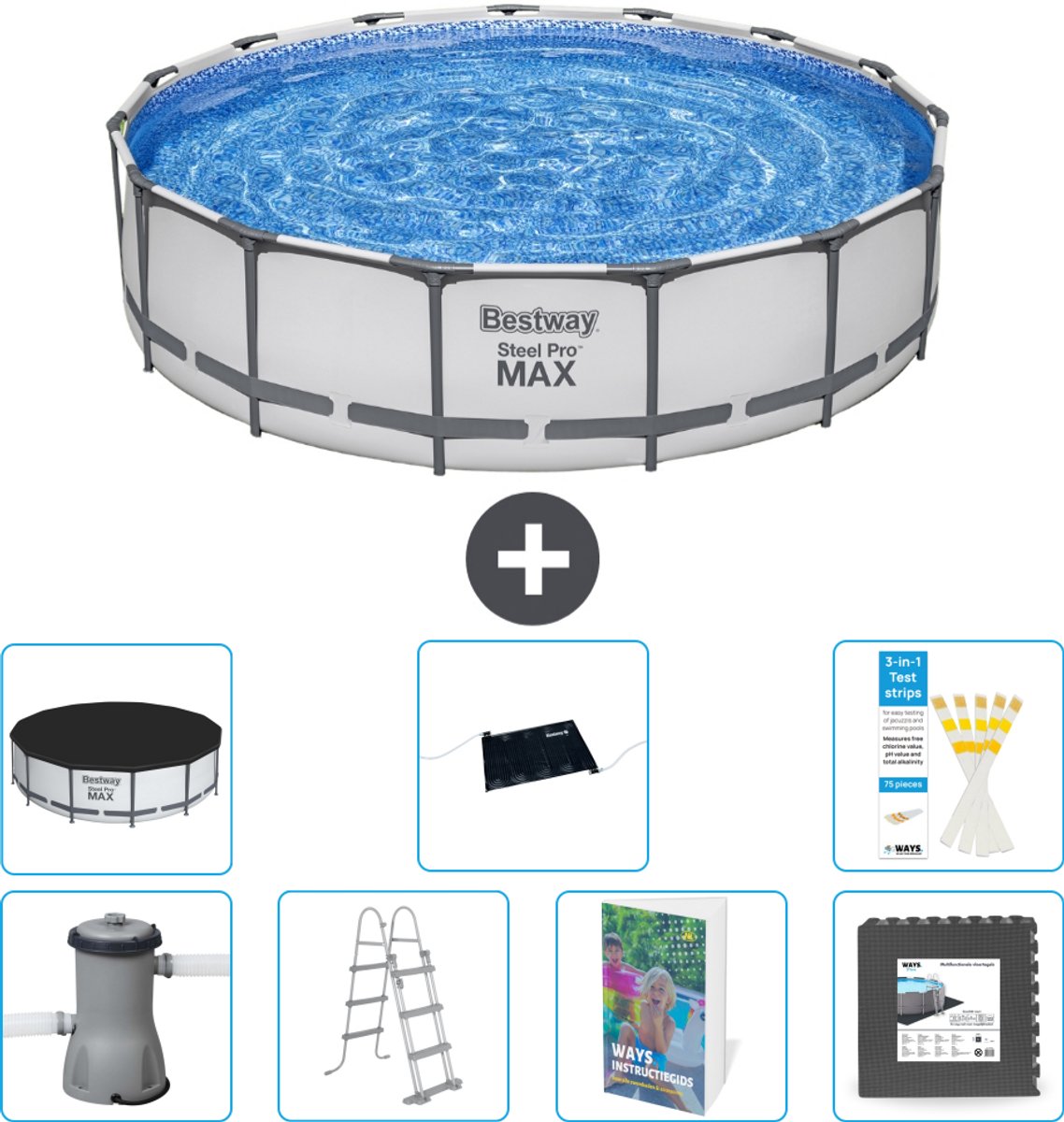 Bestway Rond Steel Pro MAX Zwembad - 457 x 107 cm - Grijs - Inclusief Pomp - Ladder - Afdekzeil - Solar Mat - Vloertegels - 8-delig