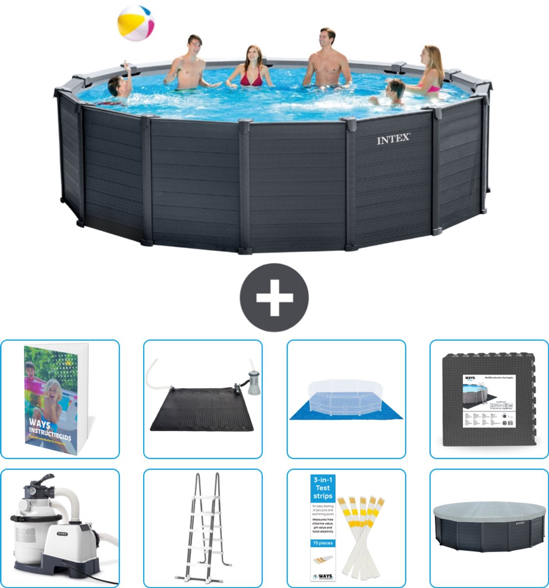 Intex Rond Graphite Gray Panel Zwembad - 478 x 124 cm - Inclusief Pomp - Ladder - Grondzeil - Afdekzeil - Solar Mat - Vloertegels - 9-delig