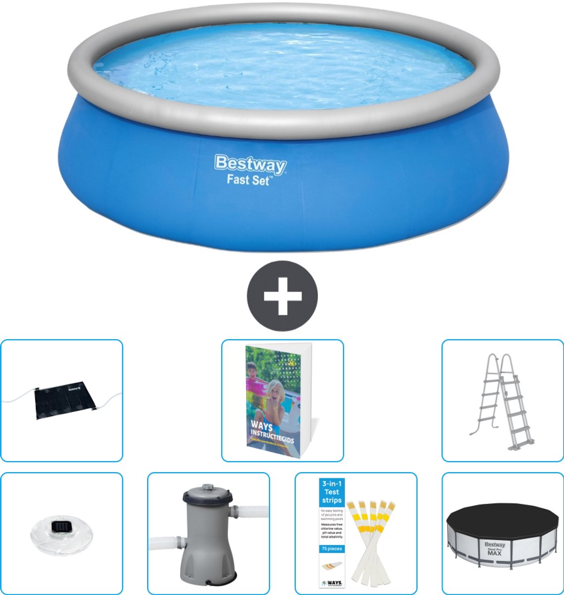 Bestway Rond Opblaasbaar Fast Set Zwembad - 457 x 122 cm - Blauw - Inclusief Pomp - Ladder - Afdekzeil - Solar Mat - Verlichting - 8-delig