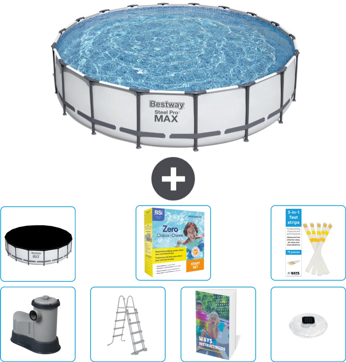 Bestway Rond Steel Pro MAX Zwembad - 549 x 122 cm - Grijs - Inclusief Pomp - Ladder - Afdekzeil - Onderhoudspakket - Verlichting - 8-delig