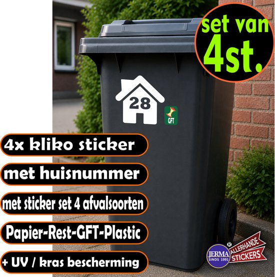Set van 4 huisnummerstickers en afvalsorteerstickers (Papier, Rest, GFT, Plastic) voor kliko's. UV/krasbestendig.