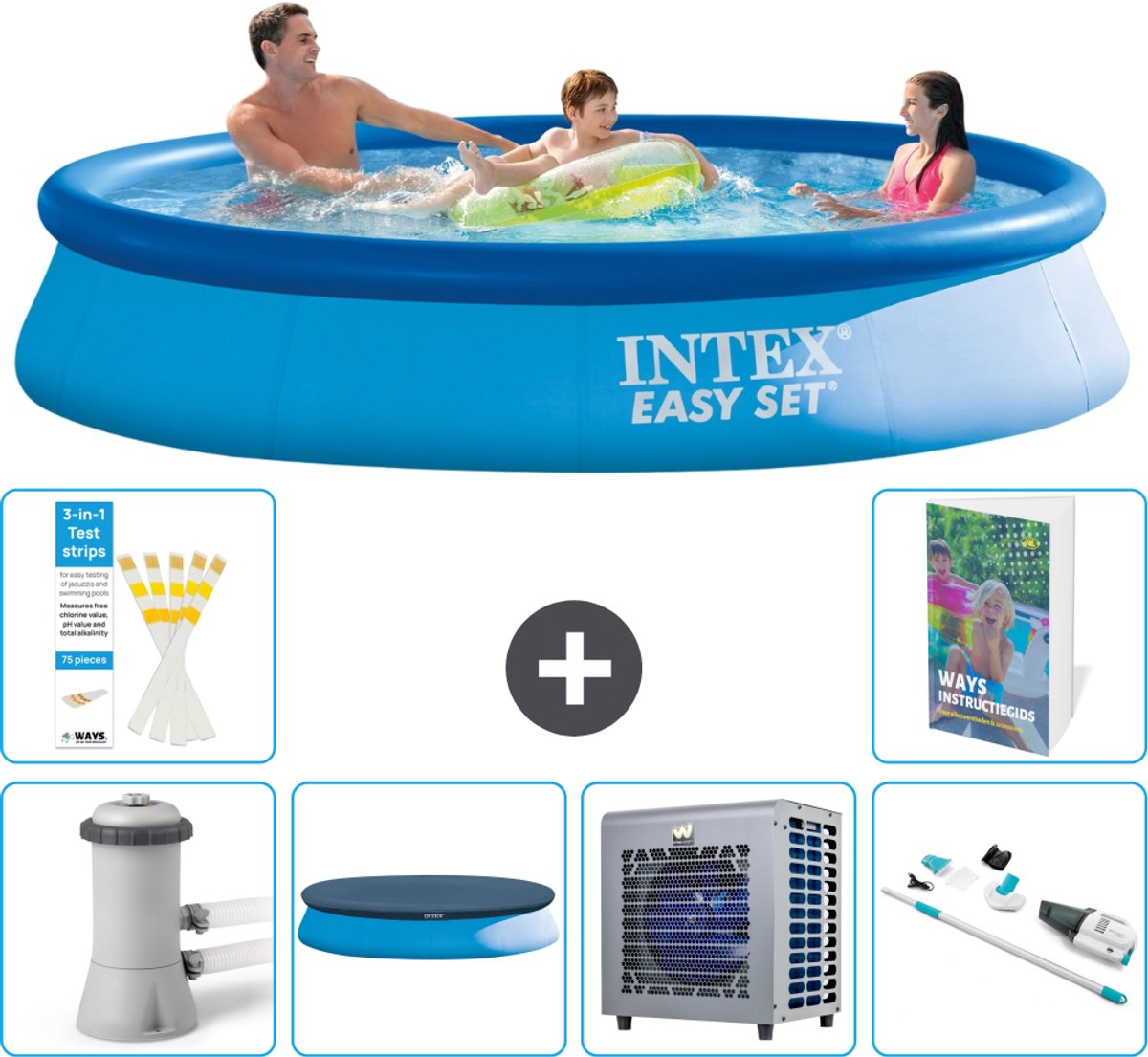 Intex Rond Opblaasbaar Easy Set Zwembad - 366 x 76 cm - Blauw - Inclusief Pomp - Afdekzeil - Warmtepomp - Stofzuiger - 7-delig