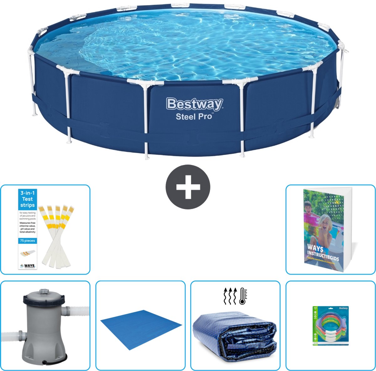 Bestway Rond Steel Pro Zwembad - 396 x 84 cm - Blauw - Inclusief Pomp - Grondzeil - Solarzeil - Speelgoed - 7-delig