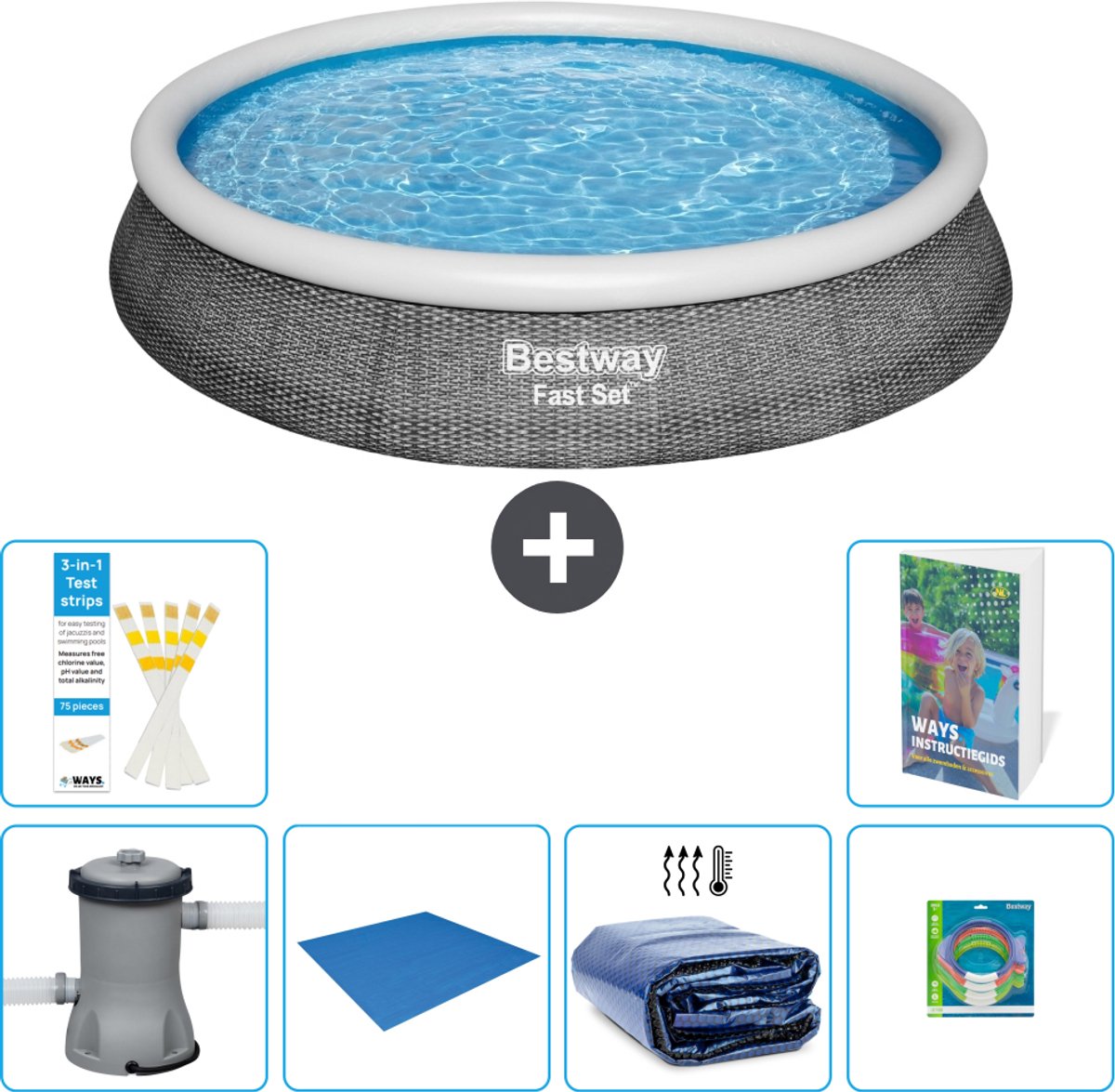 Bestway Rond Opblaasbaar Fast Set Zwembad - Rotanprint - 396 x 84 cm - Inclusief Pomp - Grondzeil - Solarzeil - Speelgoed - 7-delig