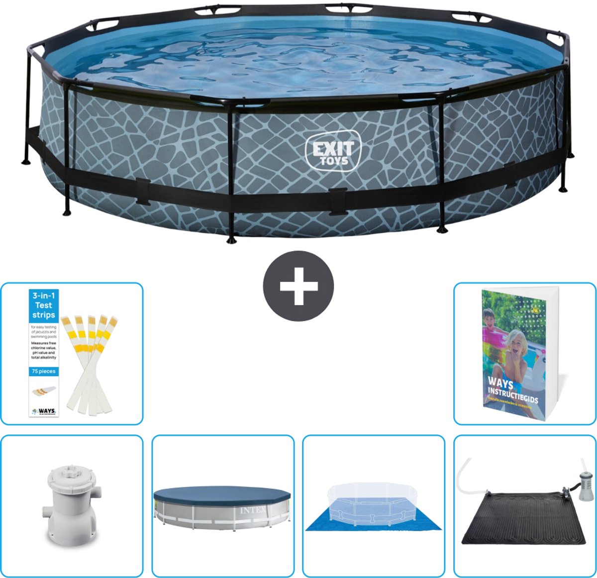 EXIT Rond Stone Frame Zwembad - 360 x 76 cm - Inclusief Pomp - Afdekzeil - Grondzeil - Solar Mat - 7-delig