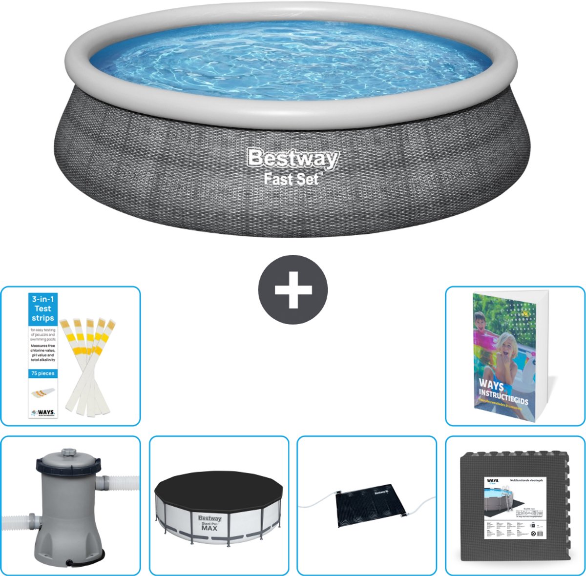 Bestway Rond Opblaasbaar Fast Set Zwembad - Rotanprint - 457 x 84 cm - Inclusief Pomp - Afdekzeil - Solar Mat - Vloertegels - 7-delig