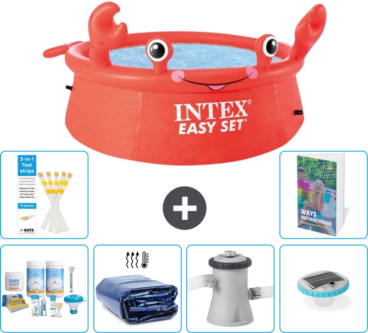Intex Rond Opblaasbaar Easy Set Zwembad - 183 x 51 cm - Rood - Krab - Inclusief Onderhoudspakket - Solarzeil - Zwembadfilterpomp - Verlichting - 7-delig