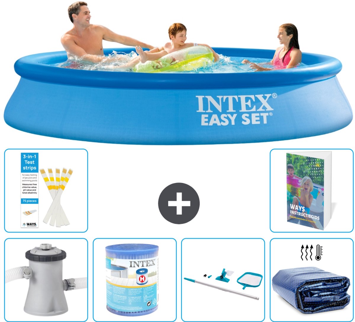 Intex Rond Opblaasbaar Easy Set Zwembad - 305 x 61 cm - Blauw - Inclusief Pomp - Filter - Schoonmaakset - Solarzeil - 7-delig