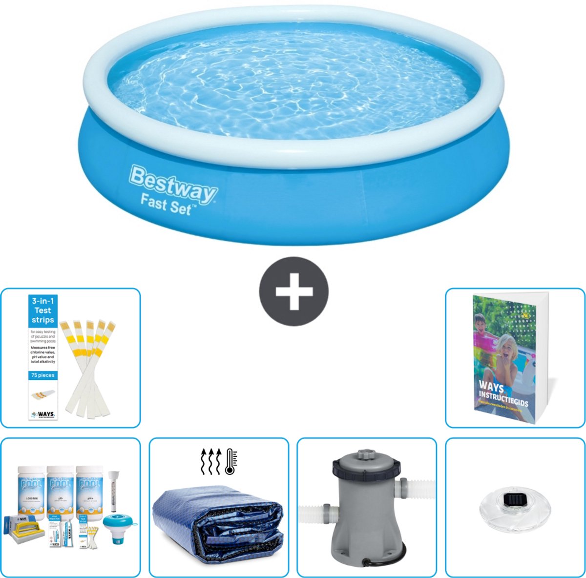 Bestway Rond Opblaasbaar Fast Set Zwembad - 366 x 76 cm - Blauw - Inclusief Onderhoudspakket - Solarzeil - Zwembadfilterpomp - Verlichting - 7-delig