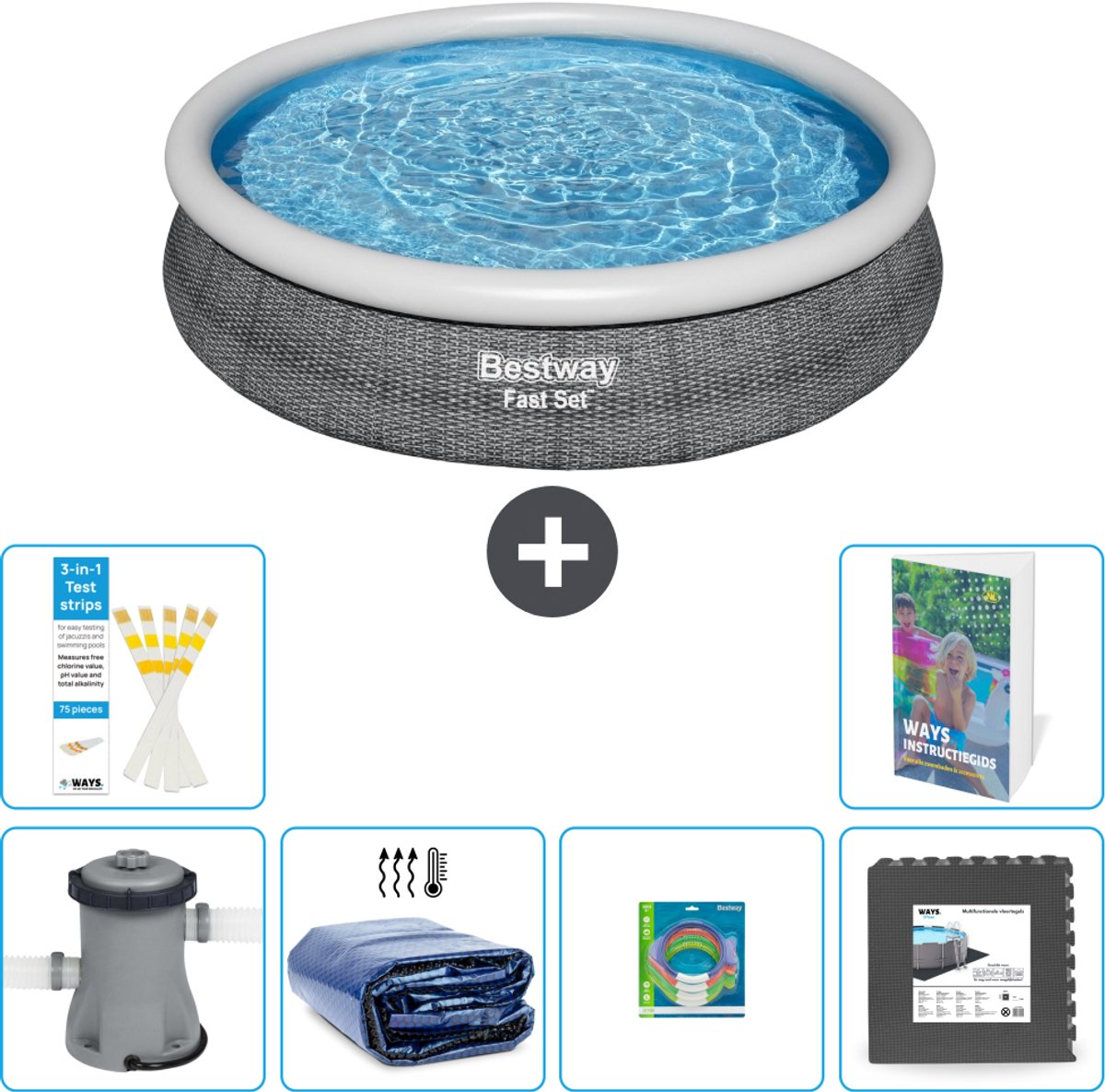 Bestway Rond Opblaasbaar Fast Set Zwembad - Rotanprint - 366 x 76 cm - Inclusief Pomp - Solarzeil - Speelgoed - Vloertegels - 7-delig