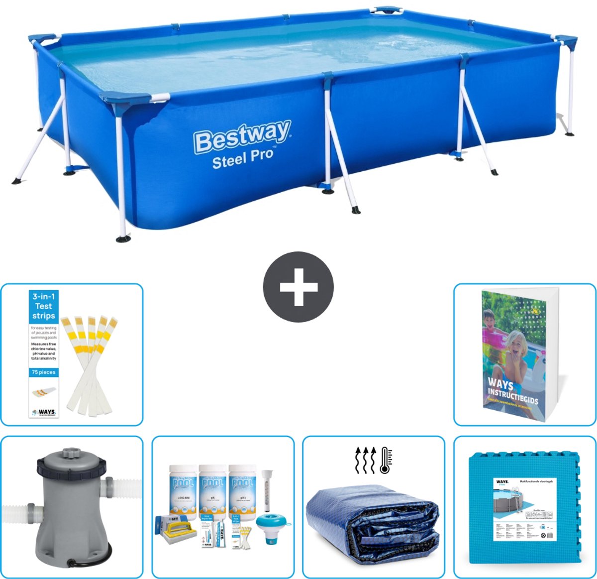 Bestway Rechthoekig Steel Pro Zwembad - 300 x 201 x 66 cm - Blauw - Inclusief Pomp - Onderhoudspakket - Solarzeil - Vloertegels - 7-delig