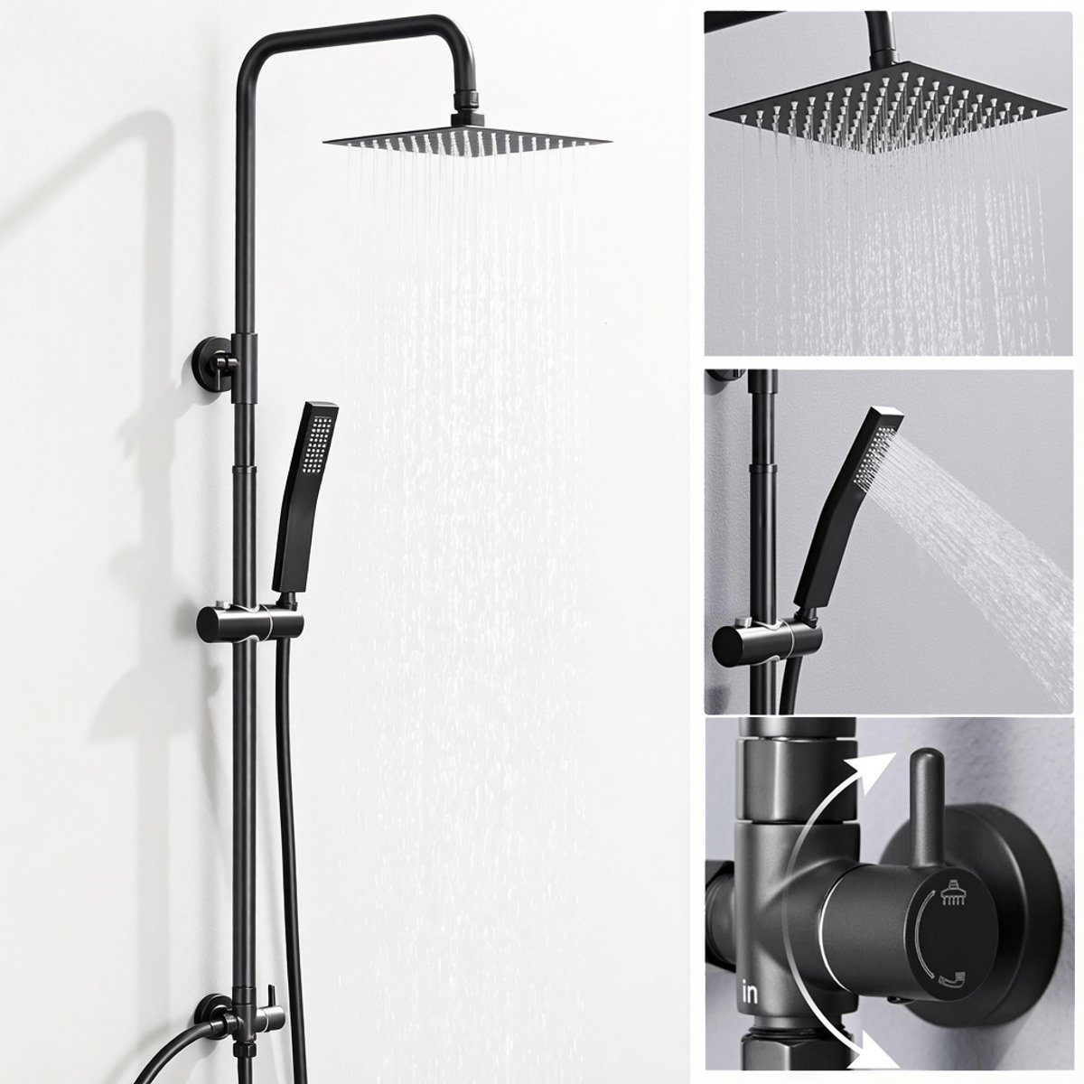 Auralum Max Douchesysteem - Regendouche - Met Vierkant Handdouche - Doucheset - Verstelbare Hoogte 72-110 cm - Regendoucheset - Waterbesparend - Zwart