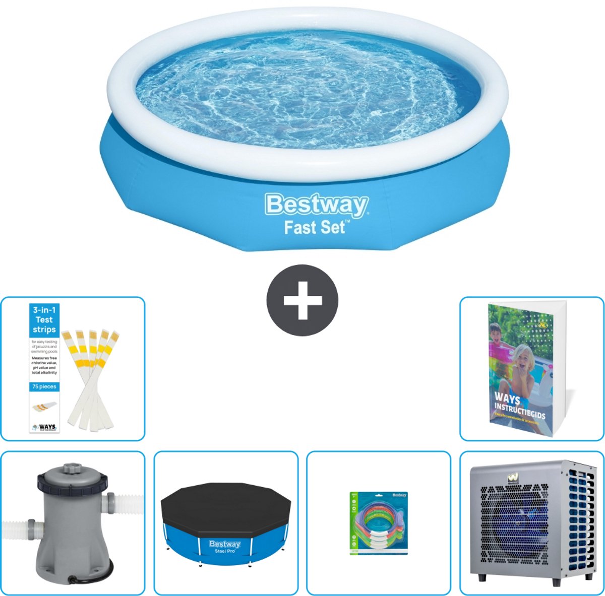 Bestway Rond Opblaasbaar Fast Set Zwembad - 305 x 66 cm - Blauw - Inclusief Pomp - Afdekzeil - Speelgoed - Warmtepomp - 7-delig