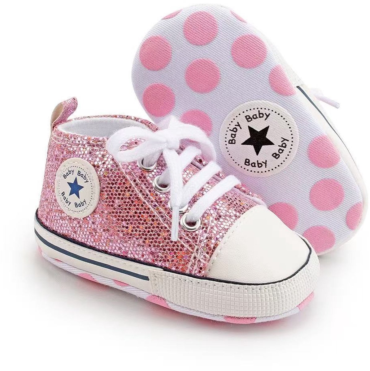 Stoere Baby Schoenen - Babysneakers van Baby-Slofje - Roze glitter maat 18 ( 12 cm)