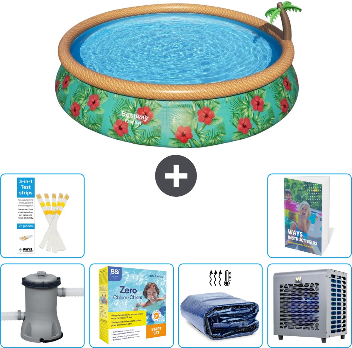 Bestway Rond Opblaasbaar Fast Set Zwembad - Paradijsprint - 457 x 84 cm - Inclusief Pomp - Onderhoudspakket - Solarzeil - Warmtepomp - 7-delig