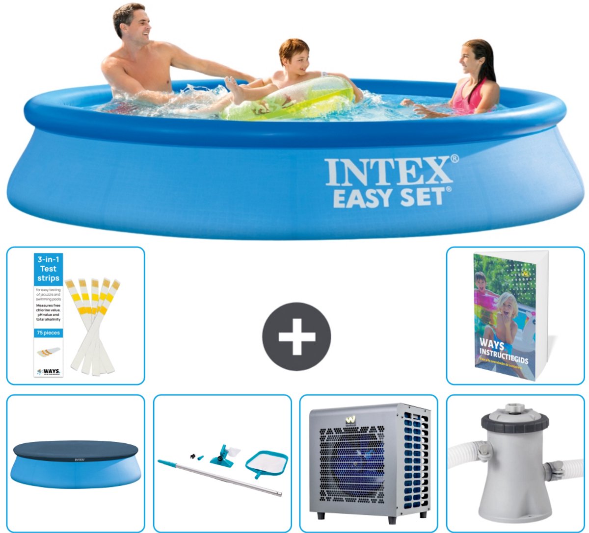 Intex Rond Opblaasbaar Easy Set Zwembad - 305 x 61 cm - Blauw - Inclusief Afdekzeil - Schoonmaakset - Warmtepomp - Zwembadfilterpomp - 7-delig