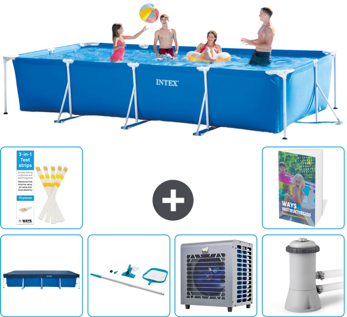 Intex Rechthoekig Frame Zwembad - 450 x 220 x 84 cm - Blauw - Inclusief Afdekzeil - Schoonmaakset - Warmtepomp - Zwembadfilterpomp - 7-delig