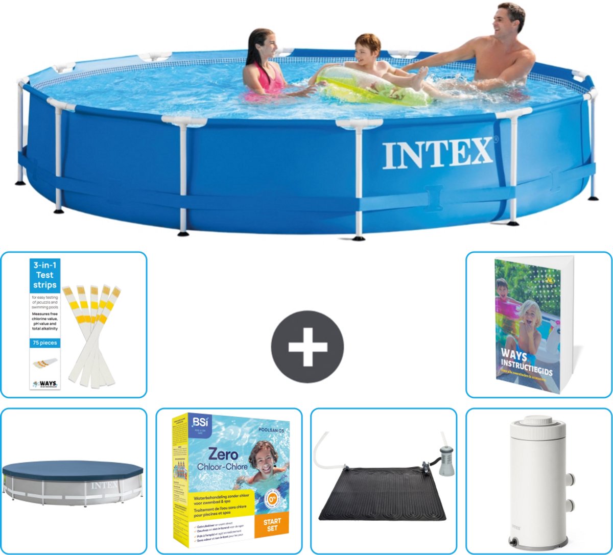 Intex Rond Frame Zwembad - 366 x 76 cm - Blauw - Inclusief Afdekzeil - Onderhoudspakket - Solar Mat - Zwembadfilterpomp - 7-delig