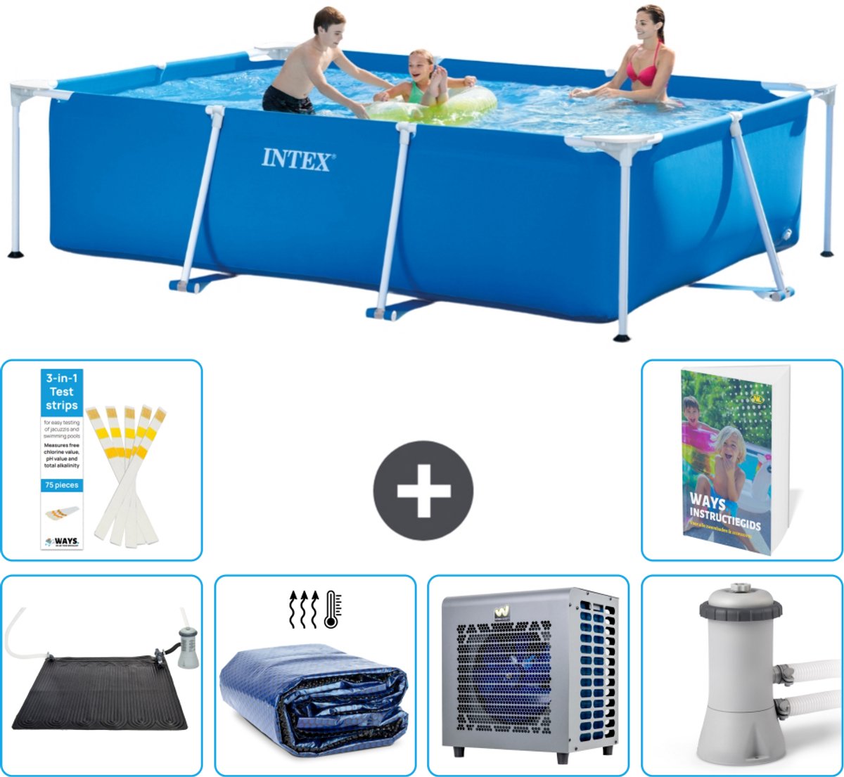 Intex Rechthoekig Frame Zwembad - 300 x 200 x 75 cm - Blauw - Inclusief Solar Mat - Solarzeil - Warmtepomp - Zwembadfilterpomp - 7-delig