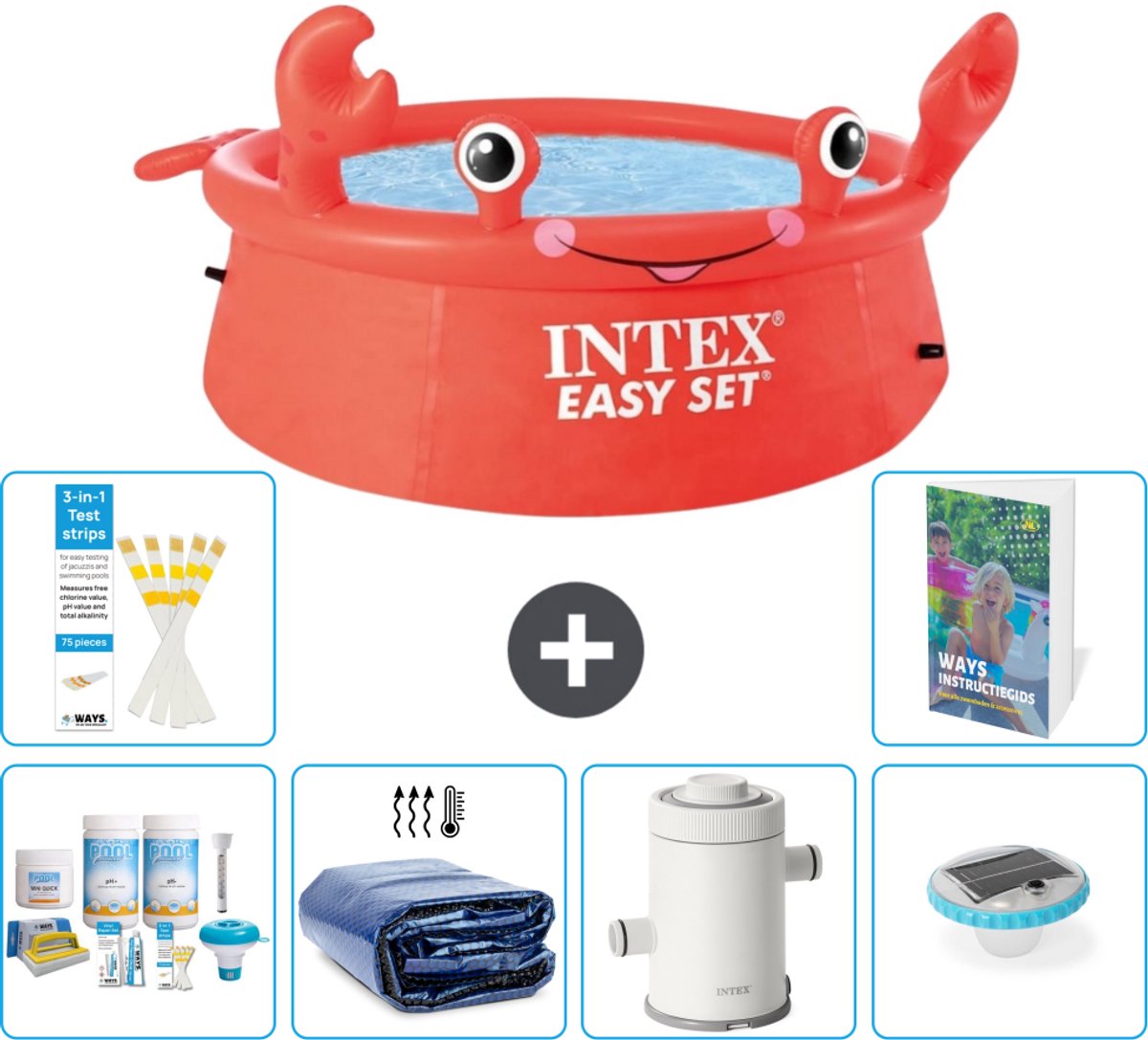 Intex Rond Opblaasbaar Easy Set Zwembad - 183 x 51 cm - Rood - Krab - Inclusief Onderhoudspakket - Solarzeil - Zwembadfilterpomp - Verlichting - 7-delig