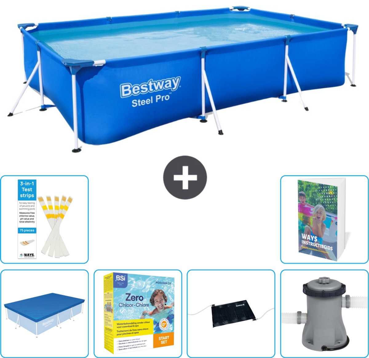 Bestway Rechthoekig Steel Pro Zwembad - 300 x 201 x 66 cm - Blauw - Inclusief Afdekzeil - Onderhoudspakket - Solar Mat - Zwembadfilterpomp - 7-delig