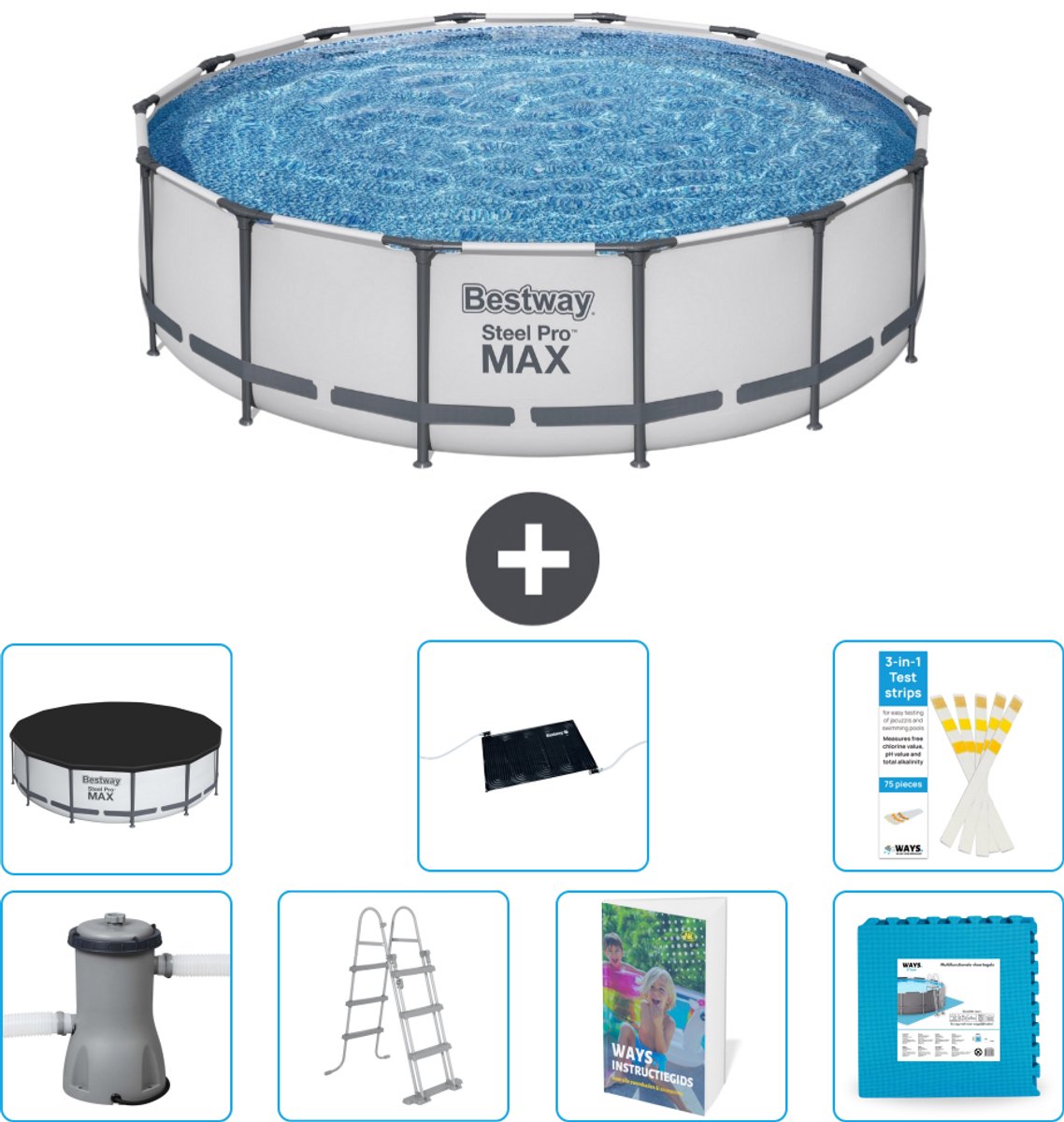 Bestway Rond Steel Pro MAX Zwembad - 427 x 107 cm - Grijs - Inclusief Pomp - Ladder - Afdekzeil - Solar Mat - Vloertegels - 8-delig