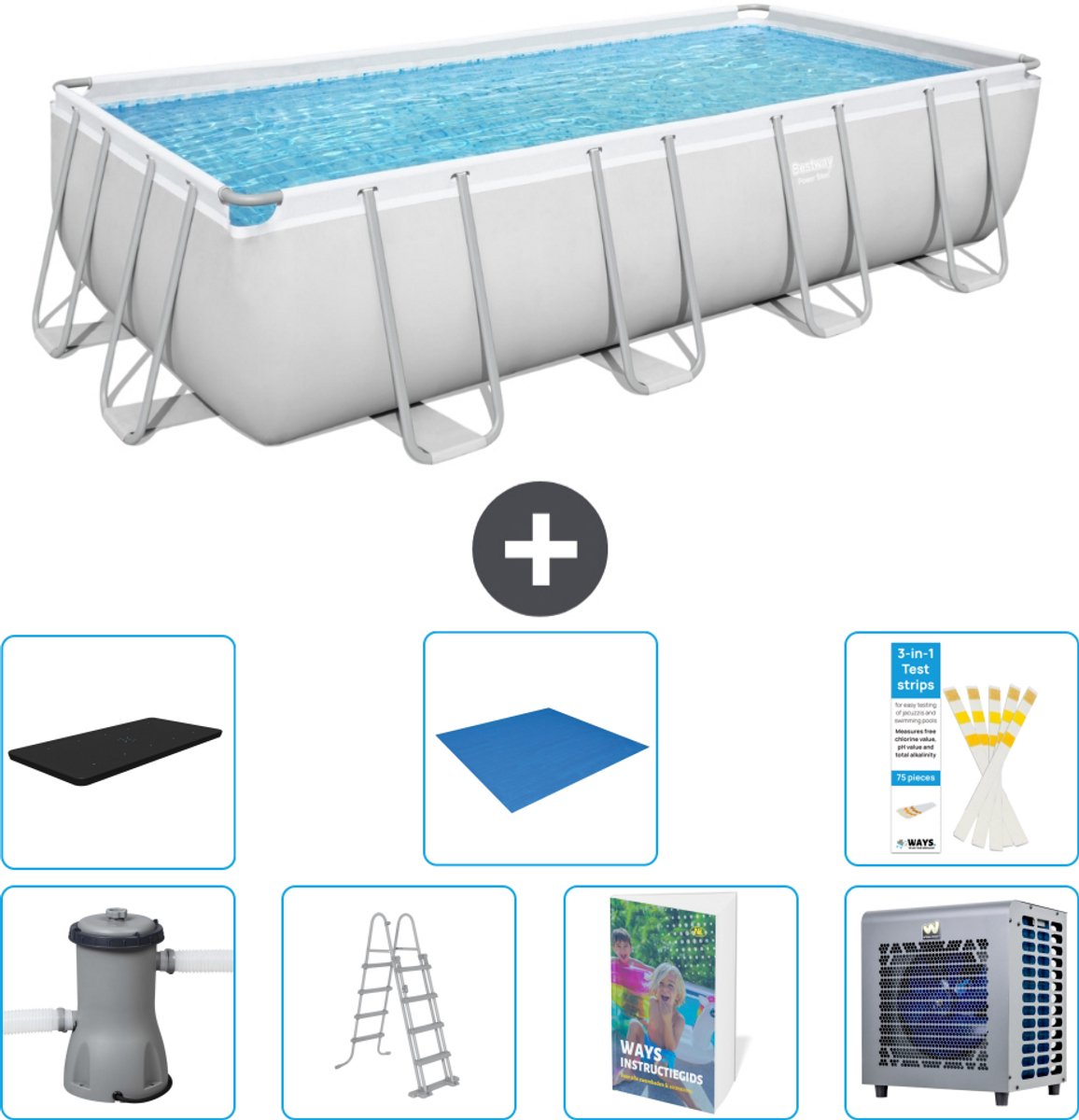 Bestway Rechthoekig Power Steel Zwembad - 488 x 244 x 122 - Grijs Inclusief Pomp - Ladder - Afdekzeil - Grondzeil - Warmtepomp - 8-delig