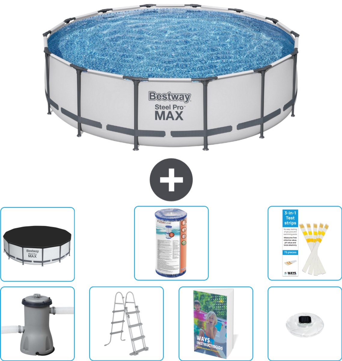 Bestway Rond Steel Pro MAX Zwembad - 427 x 107 cm - Grijs - Inclusief Pomp - Ladder - Afdekzeil - Filter - Verlichting - 8-delig
