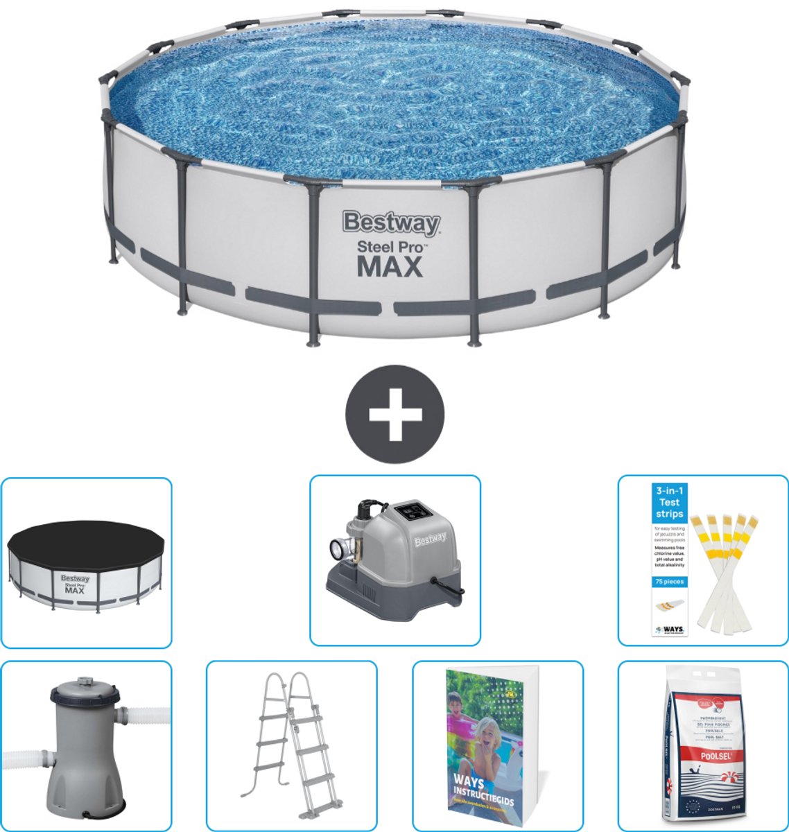 Bestway Rond Steel Pro MAX Zwembad - 427 x 107 cm - Grijs - Inclusief Pomp - Ladder - Afdekzeil - Zoutwatersysteem - Zwembadzout - 8-delig