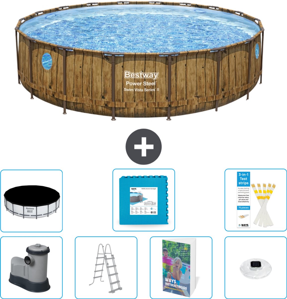 Bestway Rond Power Steel Swim Vista Zwembad - Houtprint - 549 x 122 - Inclusief Pomp - Ladder - Afdekzeil - Vloertegels - Verlichting - 8-delig