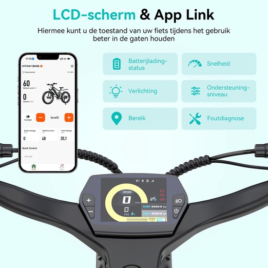 Hitway Elektrische Fiets BK9SR - 26*4.0 Inch Fatbike - Mountain Snow EBike met Afneembare 48V 15Ah Lithium Batterij - City Commuter E-Bike met 250W Motor - Maximale Actieradius tot 90-120 KM - Compatibel met APP en NFC van Hitway — afbeelding 4