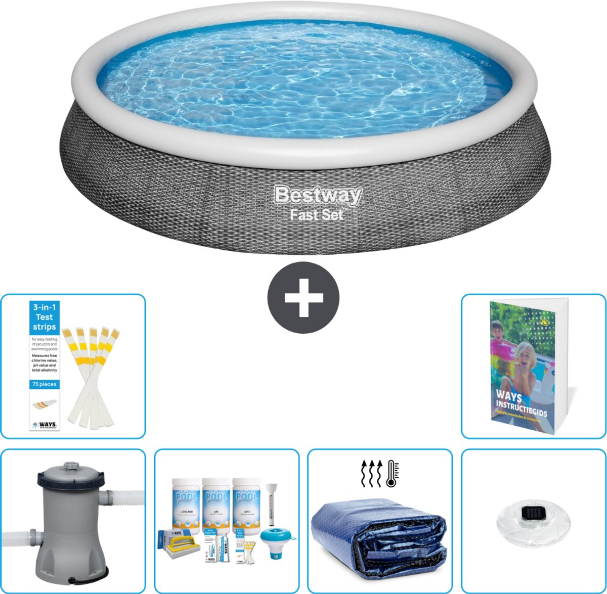 Bestway Rond Opblaasbaar Fast Set Zwembad - Rotanprint - 396 x 84 cm - Inclusief Pomp - Onderhoudspakket - Solarzeil - Verlichting - 7-delig