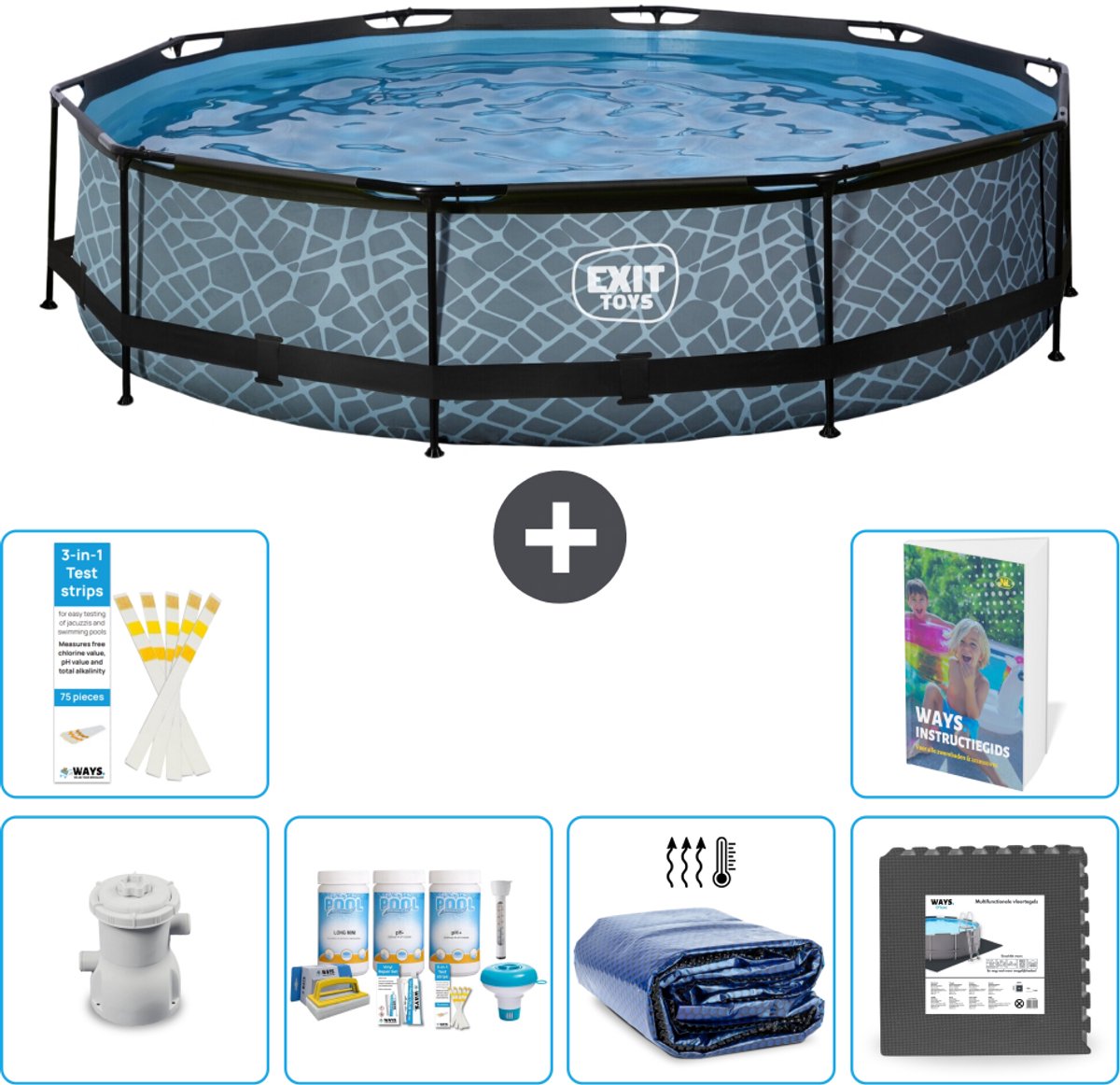 EXIT Rond Stone Frame Zwembad - 360 x 76 cm - Inclusief Pomp - Onderhoudspakket - Solarzeil - Vloertegels - 7-delig
