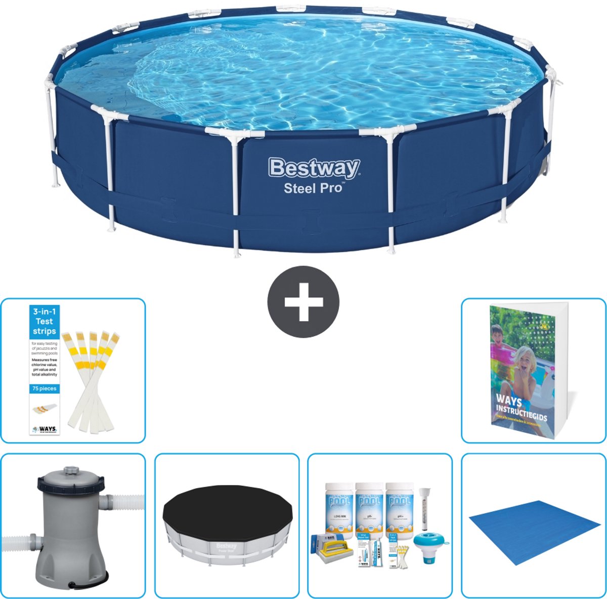 Bestway Rond Steel Pro Zwembad - 396 x 84 cm - Blauw - Inclusief Pomp - Afdekzeil - Onderhoudspakket - Grondzeil - 7-delig