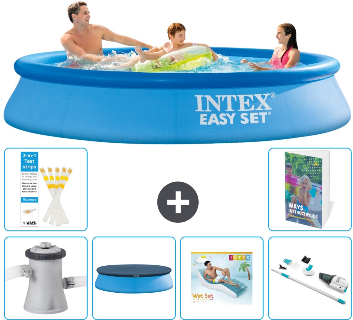 Intex Rond Opblaasbaar Easy Set Zwembad - 305 x 61 cm - Blauw - Inclusief Pomp - Afdekzeil - Loungebed - Stofzuiger - 7-delig