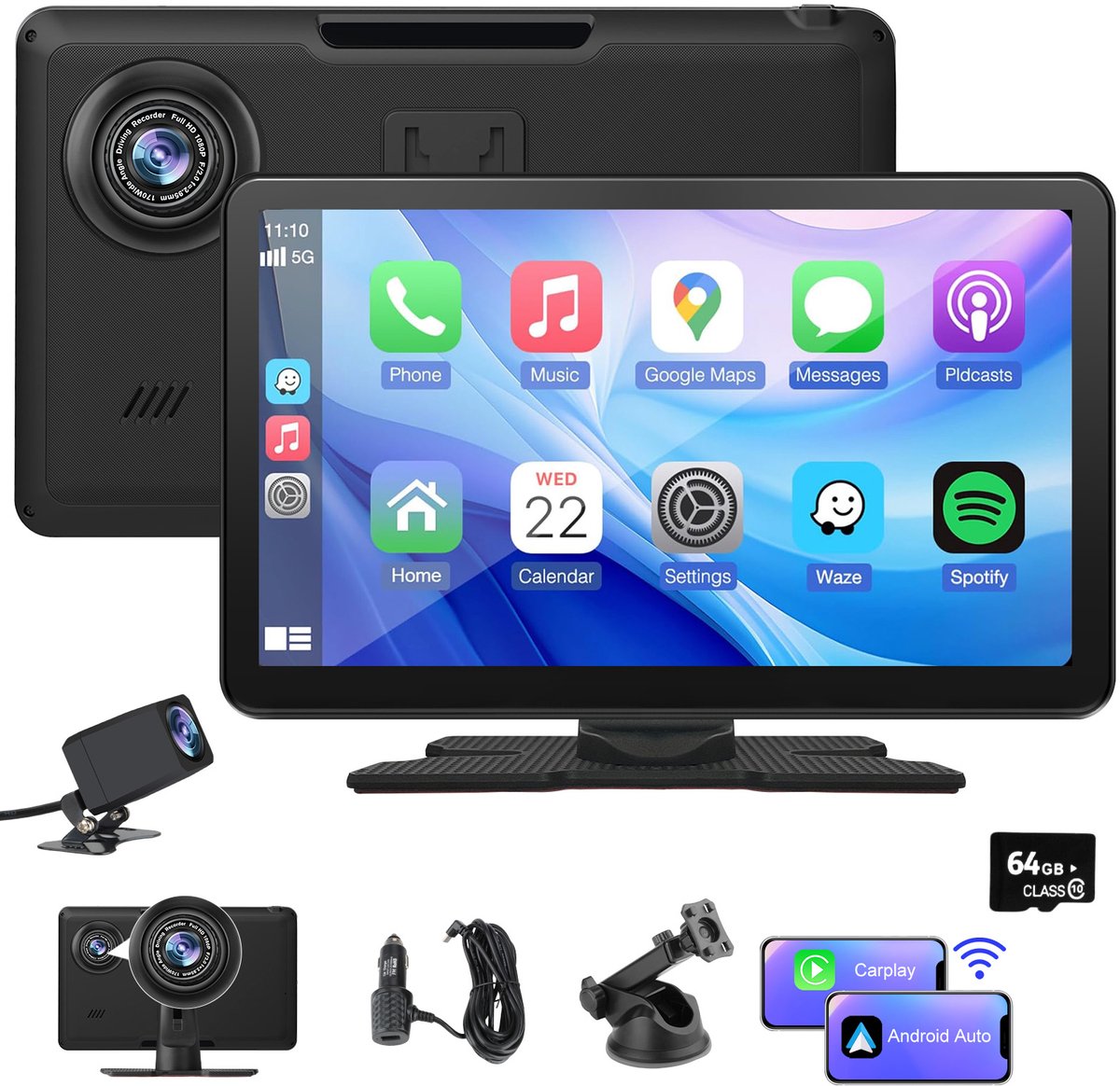 Cestovet Geschikt voor Carplay Scherm 9 Inch DVR - Geschikt voor Android Auto Scherm - Draadloos - HD Touchscreen - AUX - FM - BT - Universeel - Zwart -Achteruitrijcamera Dashcam