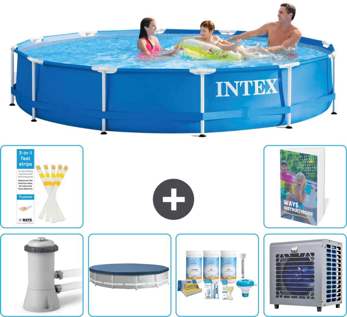Intex Rond Frame Zwembad - 366 x 76 cm - Blauw - Inclusief Pomp - Afdekzeil - Onderhoudspakket - Warmtepomp - 7-delig