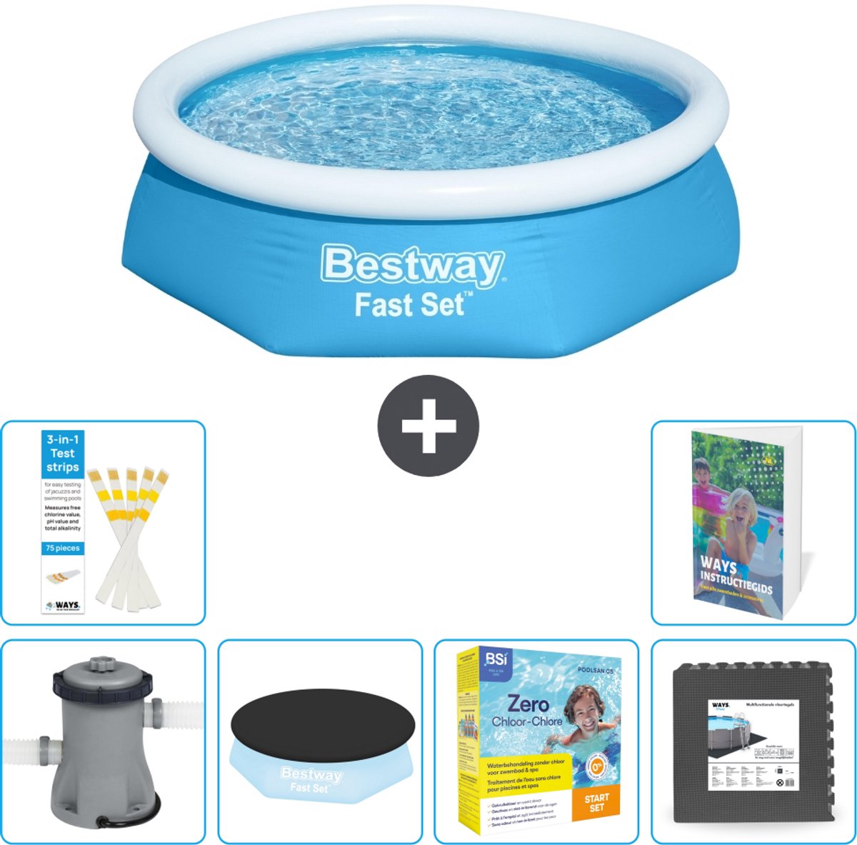 Bestway Rond Opblaasbaar Fast Set Zwembad - 244 x 61 cm - Blauw - Inclusief Pomp - Afdekzeil - Onderhoudspakket - Vloertegels - 7-delig